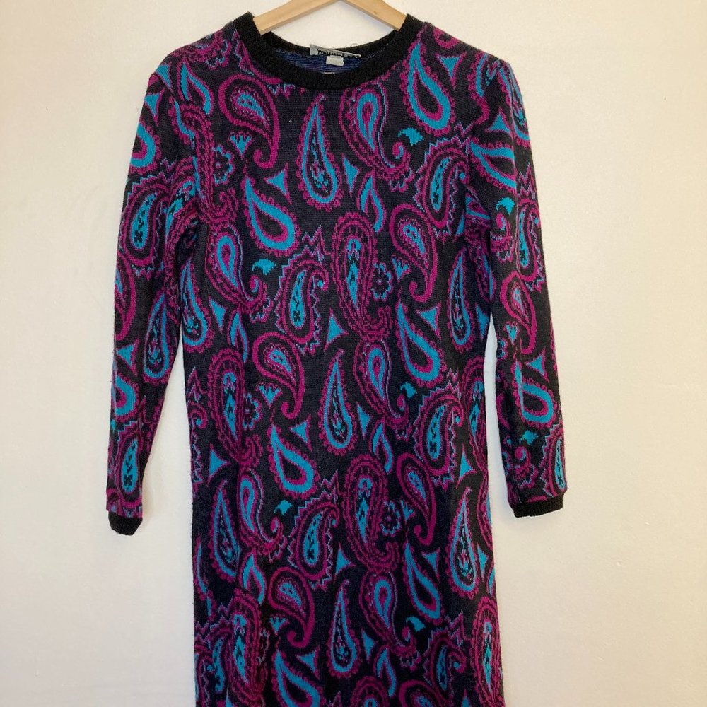 Funky VINTAGE Sweater Dress Forenza - Black, Neon Blue, and Purple Argyle